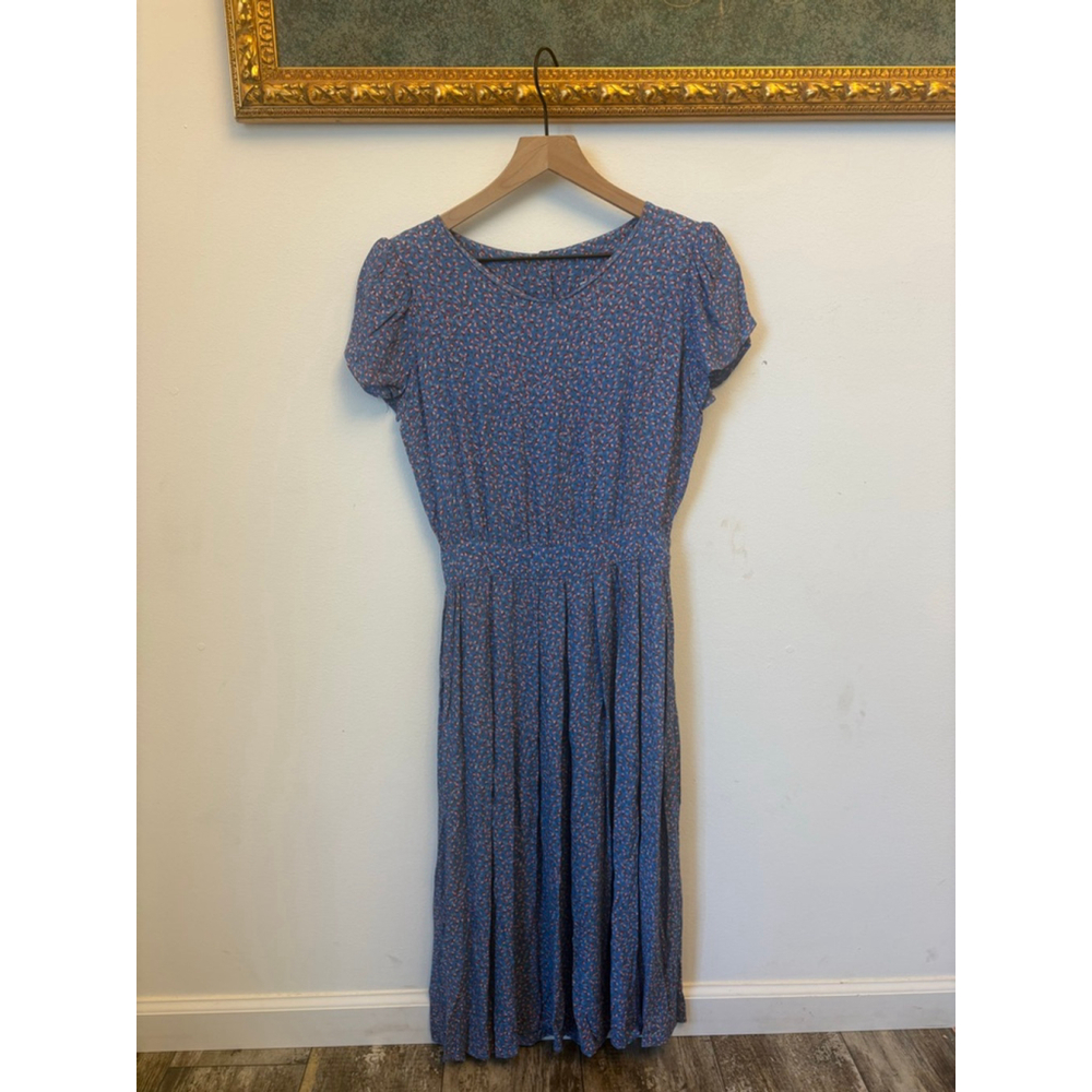 Vintage Karin Stevens Blue Floral Cottagecore Midi Dress Button Back Size 4